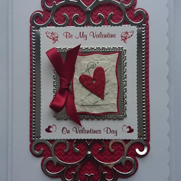 Be My Valentine on Valentine's Day Card Glittery Red Heart 3D Luxury Handmade