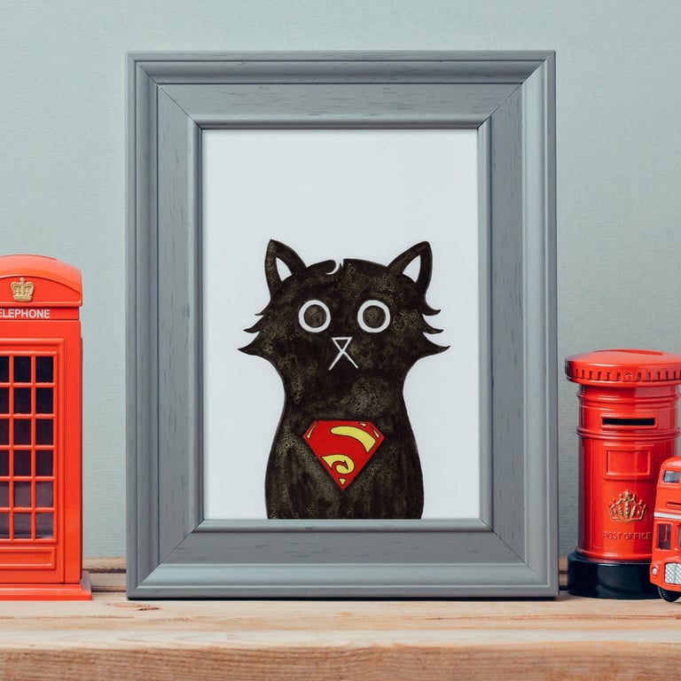 Super Cat Wall Art Print, Superhero Print, Superhero Cat, Black Cat Art