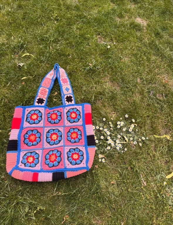 Handmade Multicoloured Crochet Floral Tote Bag, Cotton Shoulder Bag with Lining.