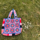 Handmade Multicoloured Crochet Floral Tote Bag, Cotton Shoulder Bag with Lining.