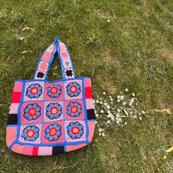 Handmade Multicoloured Crochet Floral Tote Bag, Cotton Shoulder Bag with Lining.