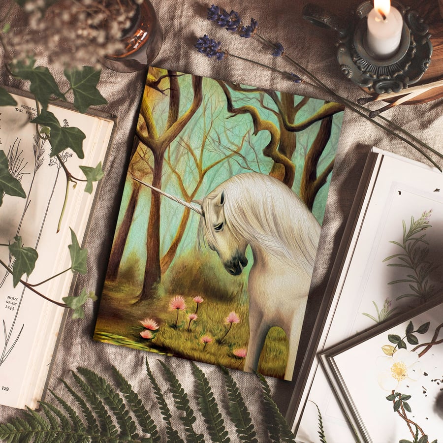 Fine Art Greeting Card, "Unicorn Grove," with wee touches of glitter 