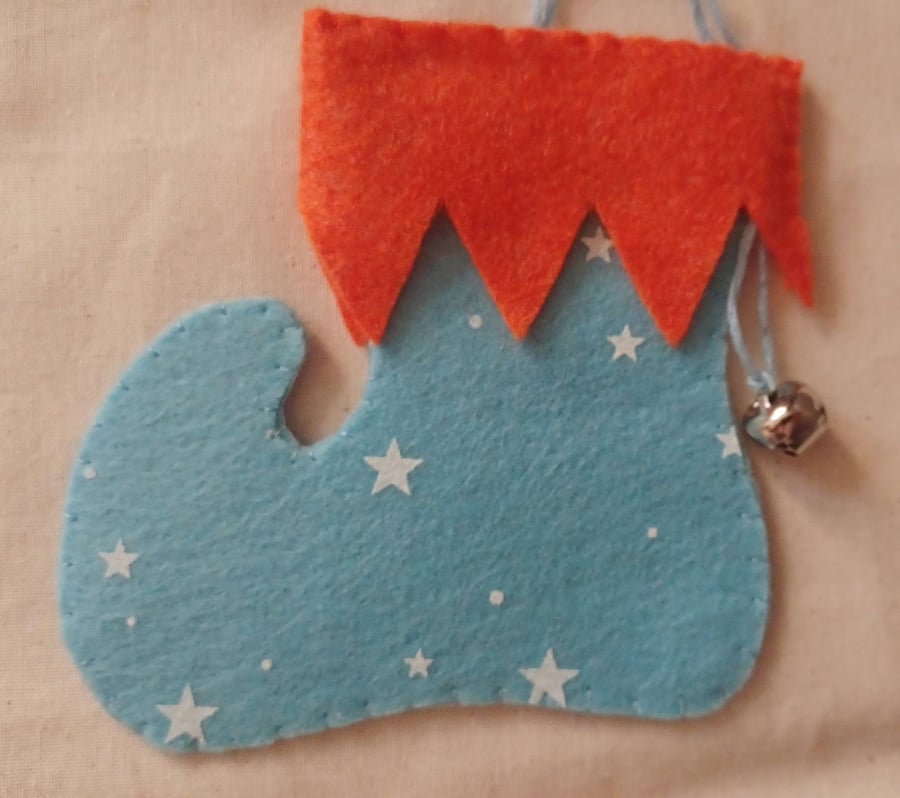 Handmade Elf Boot Christmas Hanging Pale Blue and Orange