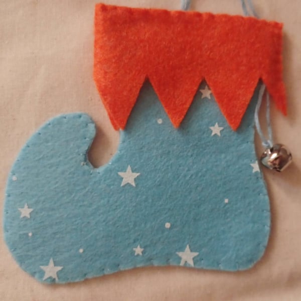 Handmade Elf Boot Christmas Hanging Pale Blue and Orange