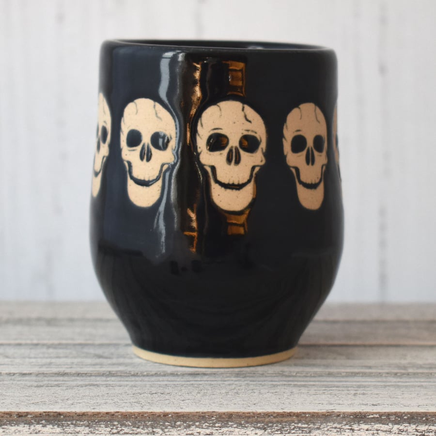 Skulls wheel thrown pottery wine cup tumbler (Free UK postage)