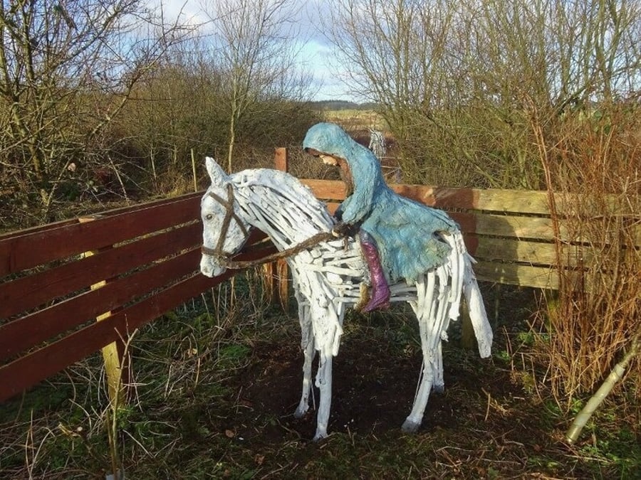 Girl on horse fantasy mythical legend driftwood sculpture