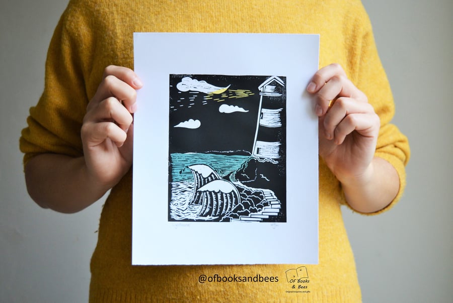 Handprinted Linoprint Lighthouse Seaside Ocean Linocut Cliffs Unframed Print 