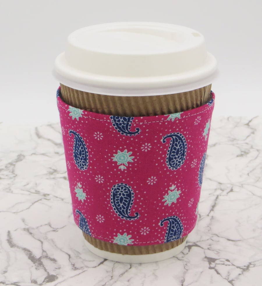 Reversible Coffee Cup Cosy with Fleece lining and elastic fitting
