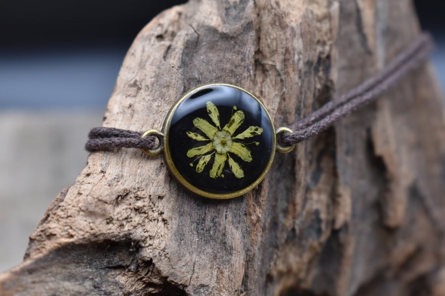 Adjustable Resin Bracelet with Real Pressed Sycamore Flower, Waxed Cotton Cord