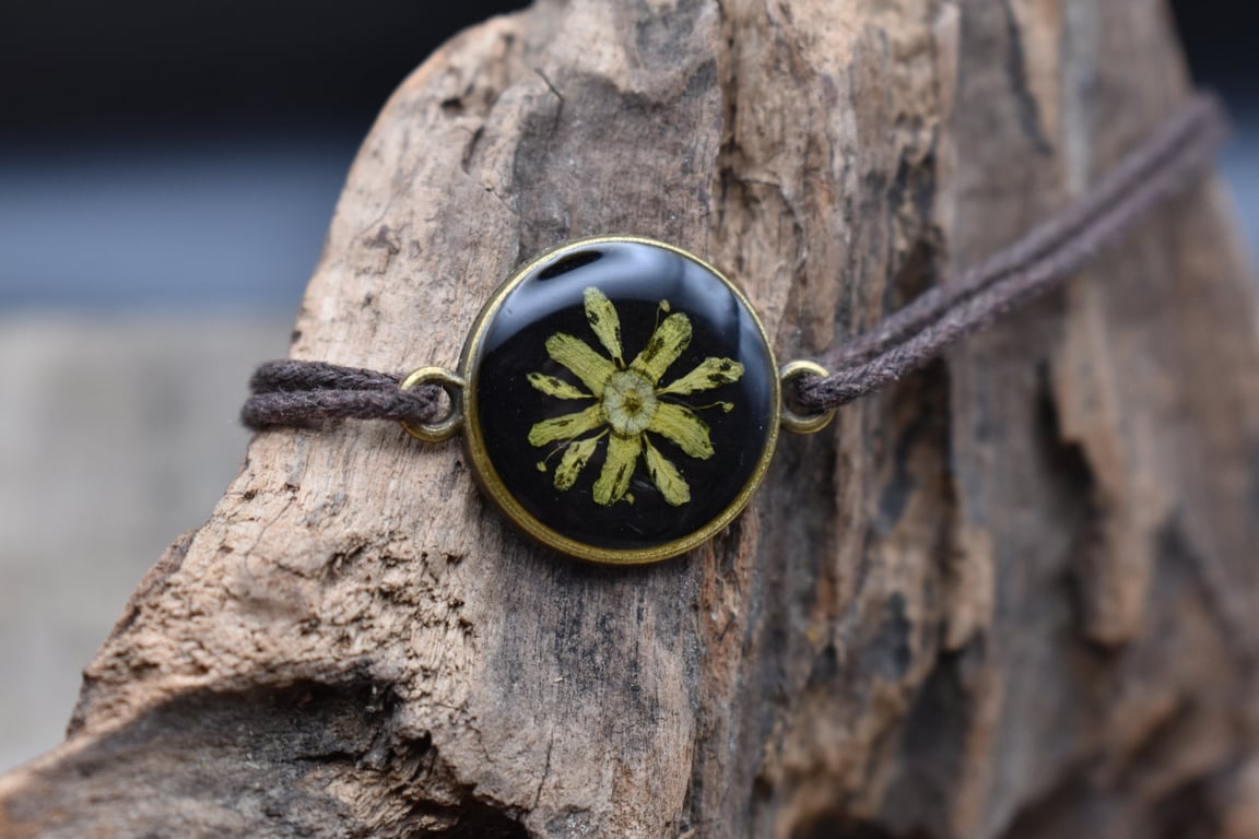 Adjustable Resin Bracelet with Real Pressed Sycamore Flower, Waxed Cotton Cord