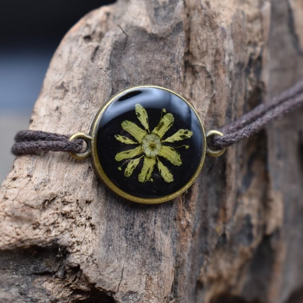 Adjustable Resin Bracelet with Real Pressed Sycamore Flower, Waxed Cotton Cord