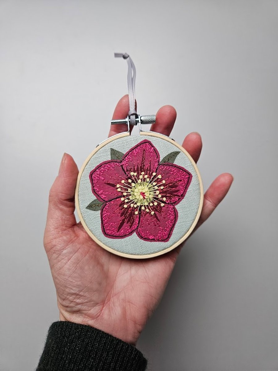 Hellebore mini hoop, handmade embroidered hanging decoration