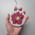 Hellebore mini hoop, handmade embroidered hanging decoration