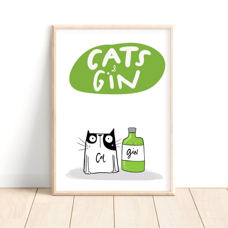 Cats and Gin Illustrated Print 