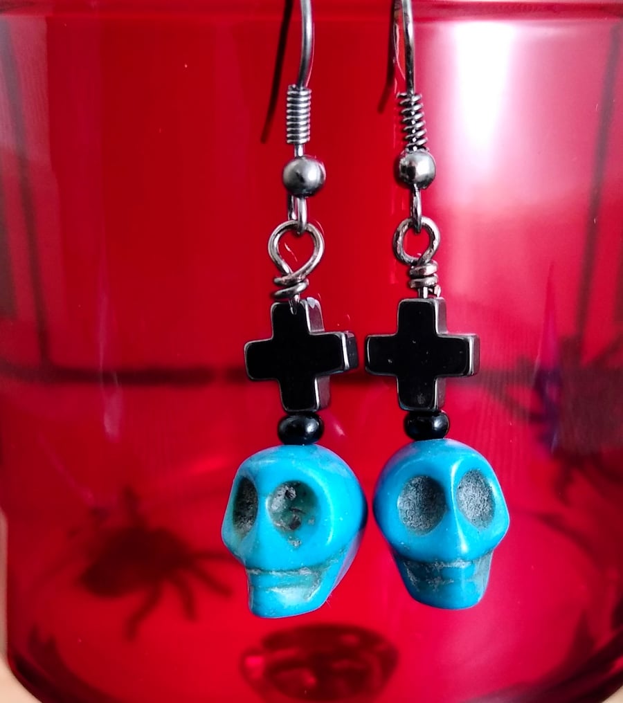 Gothic Blue Skull & Cross Black Plated Earrings