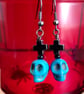 Gothic Blue Skull & Cross Black Plated Earrings