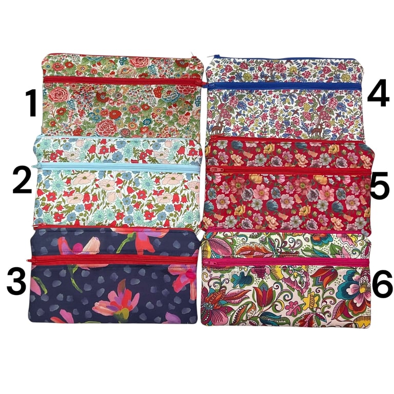 Liberty fabric two pocket pouch, double pocket cosmetics case, 2 section pencil 