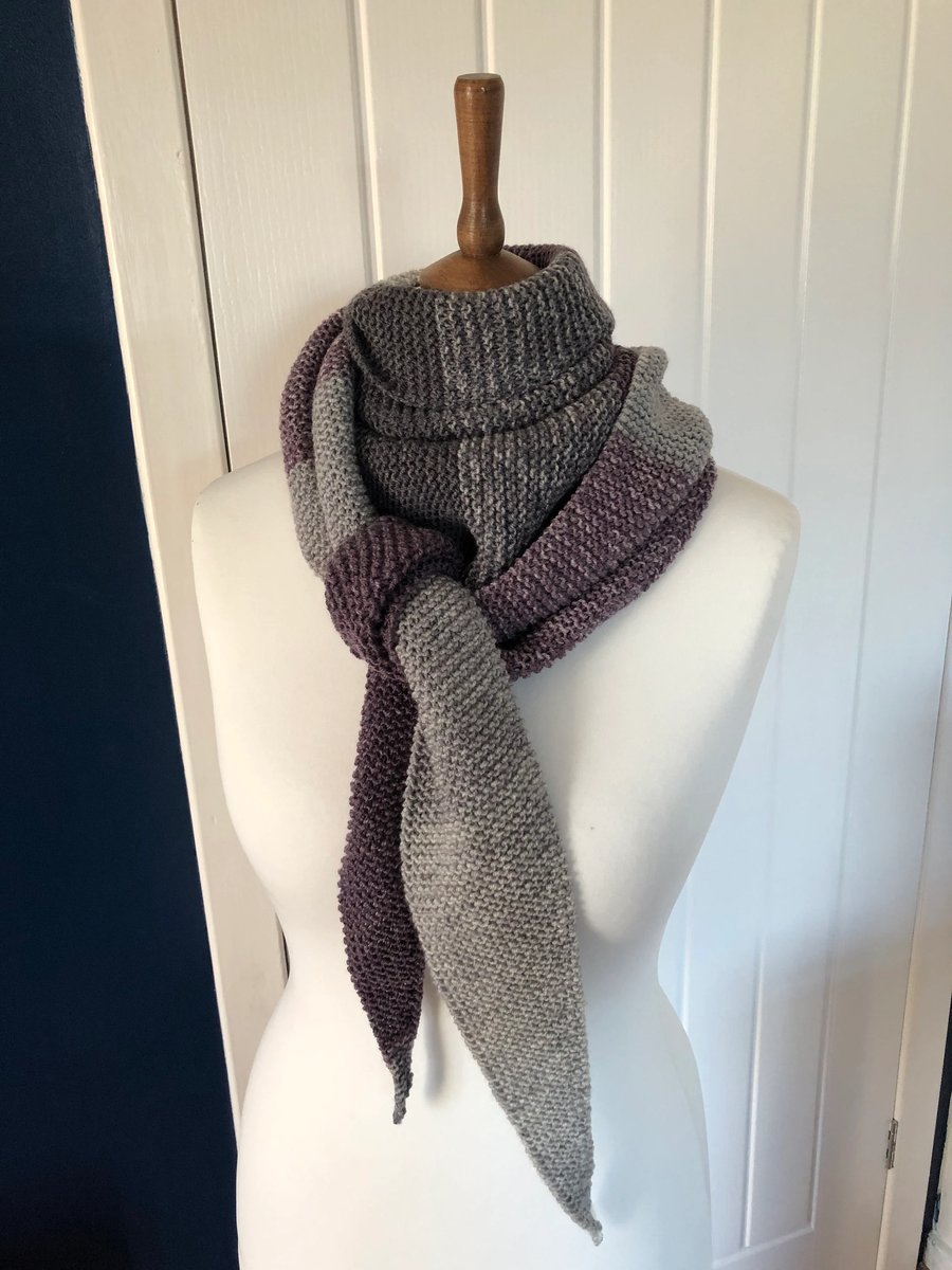 Triangular Scarf Shawl in mute Purple and Grey tones handknitted 203cms long 