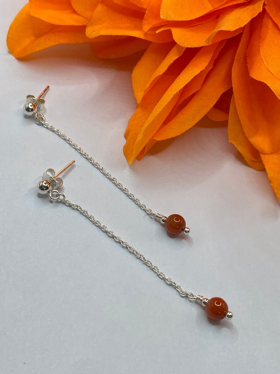 Sterling silver chain earrings with rare nanhong agate stones 