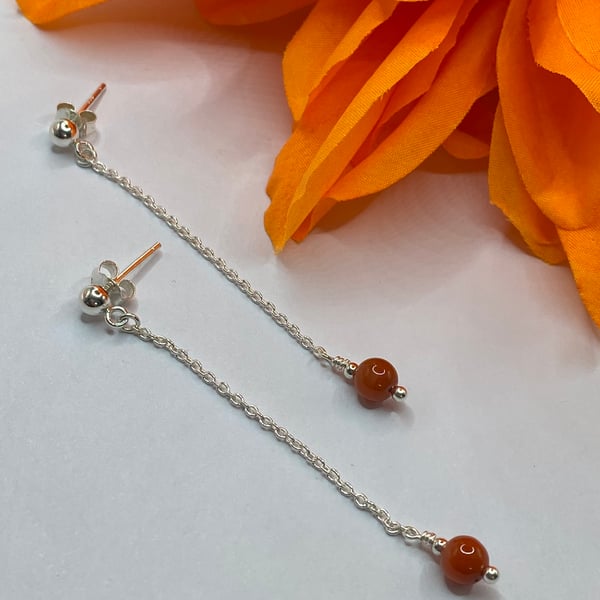 Sterling silver chain earrings with rare nanhong agate stones 