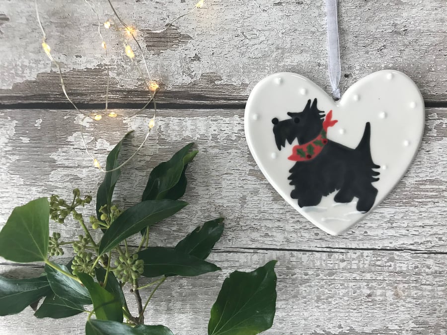Scotty Dog with Holly Scarf - Hand Painted Ceramic Heart