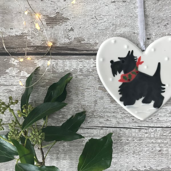 Scotty Dog with Holly Scarf - Hand Painted Ceramic Heart