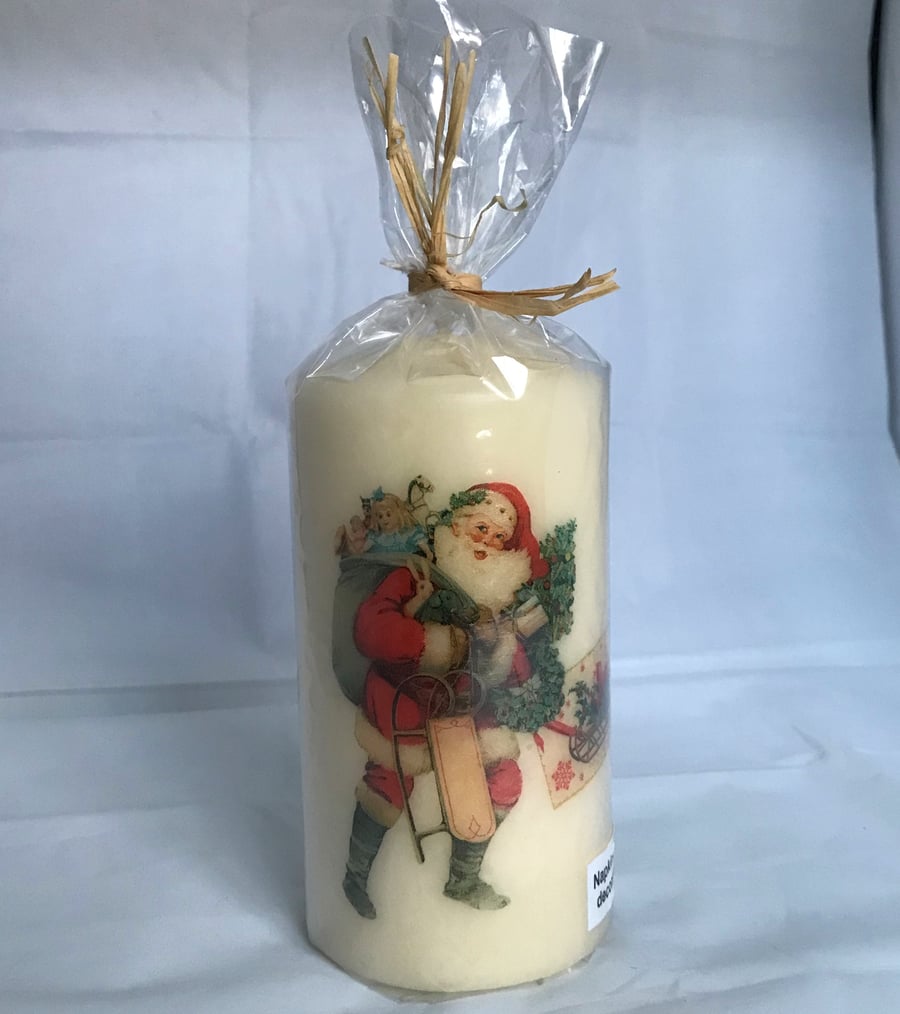 Decorated Candle Smiling Santa with Gifts Christmas Decoupage Unusual 15cms