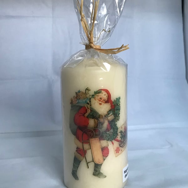 Decorated Candle Smiling Santa with Gifts Christmas Decoupage Unusual 15cms