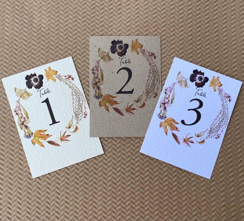 Autumn maple leaves wreath wedding TABLE NUMBERS gold floral rustic A6 card
