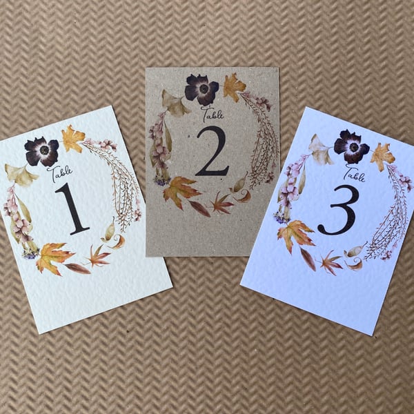 Autumn maple leaves wreath wedding TABLE NUMBERS gold floral rustic A6 card