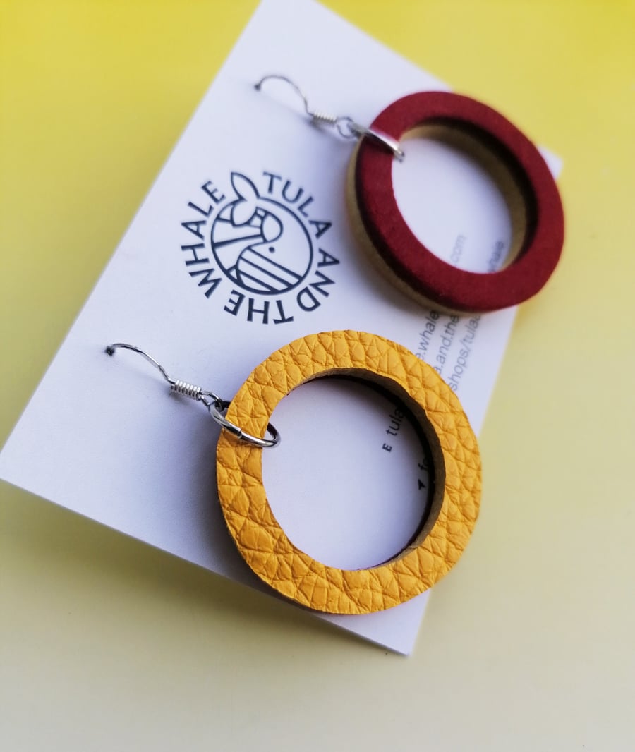 Colour Duo Leather Hoop Earrings - Red & Yellow Medium