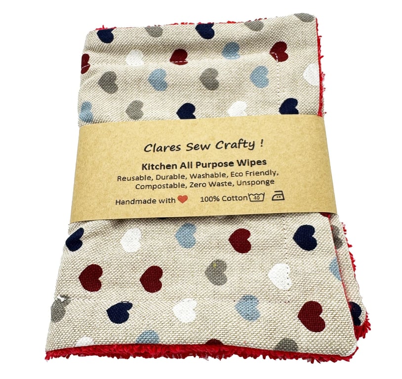 All Purpose Dish Cloths, Linen Look with red towelling back, Multicoloured heart