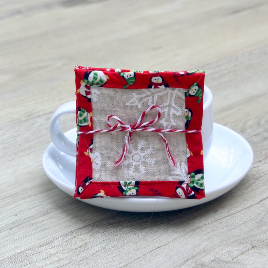 Fun Quilted Christmas Coasters featuring Tree and Snowflake designs.