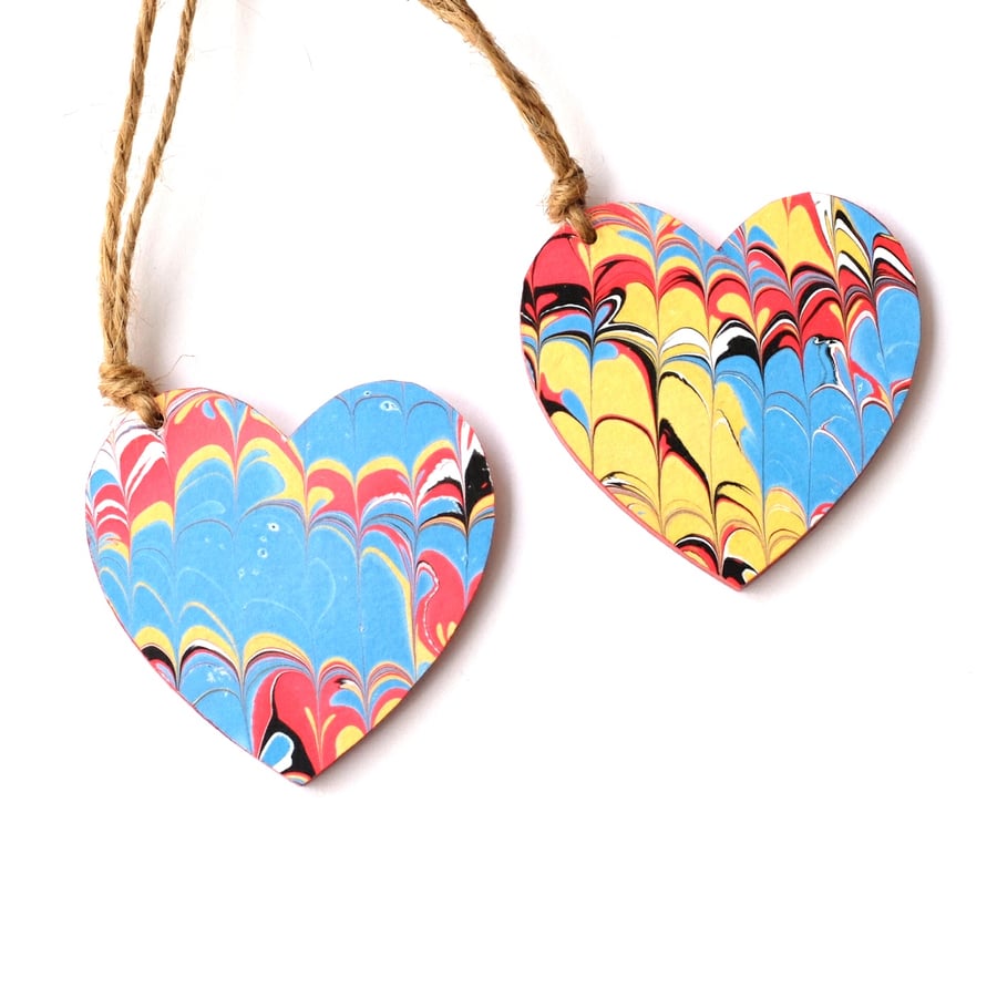 Marbled paper hanging heart gift tag present hang pair