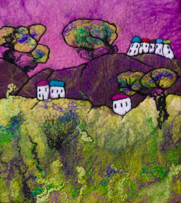 Textile Picture. Deep Pink, Shepherd Take Warning. Original Wet Felted Art 