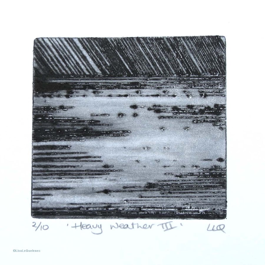Original drypoint etching print of a storm over the sea - heavy weather 3