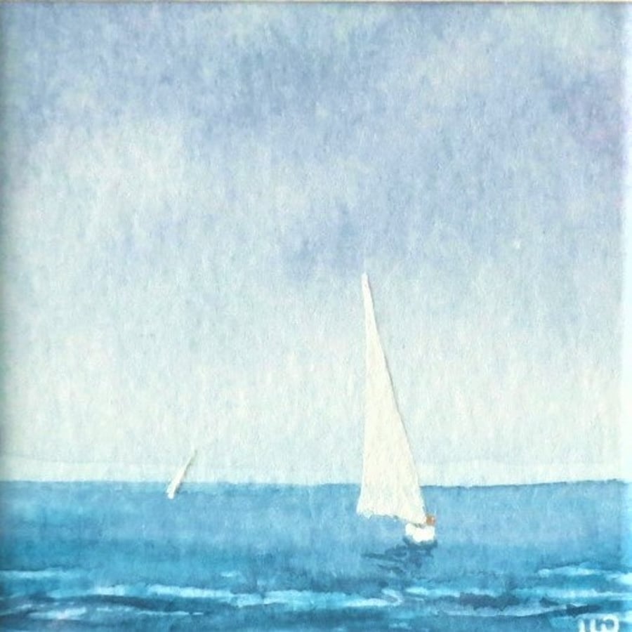 minature watercolour painting yachts sailing on the ocean