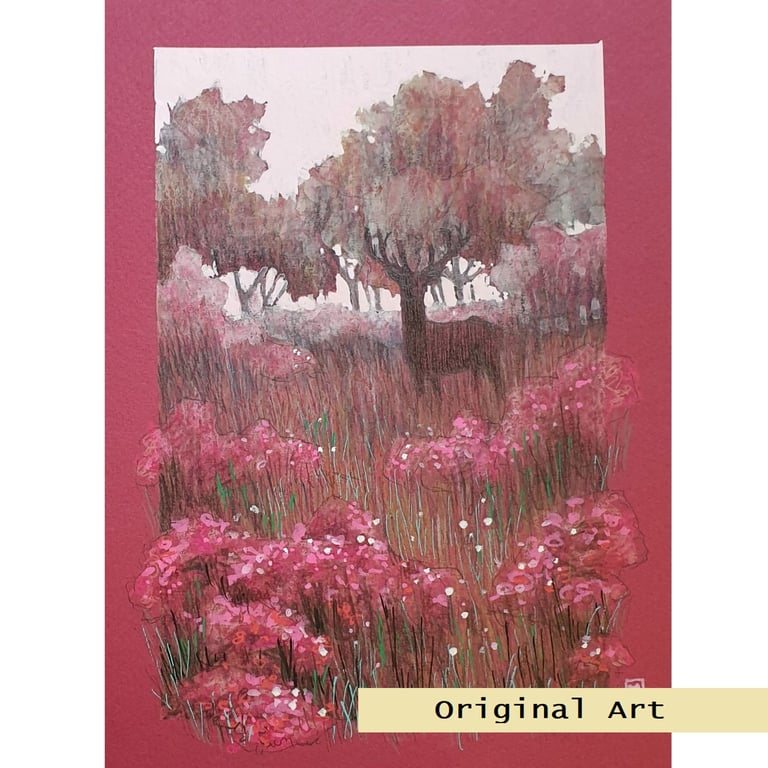 silhouette of a stag in a pink landscape, original artwork, drawing