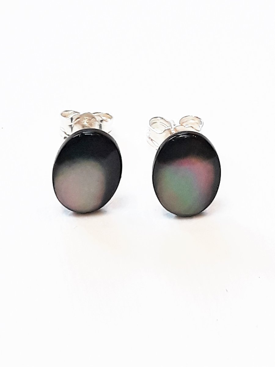 Shell Stud Earrings, Black Lip Mother of Pearl Sterling Silver Studs