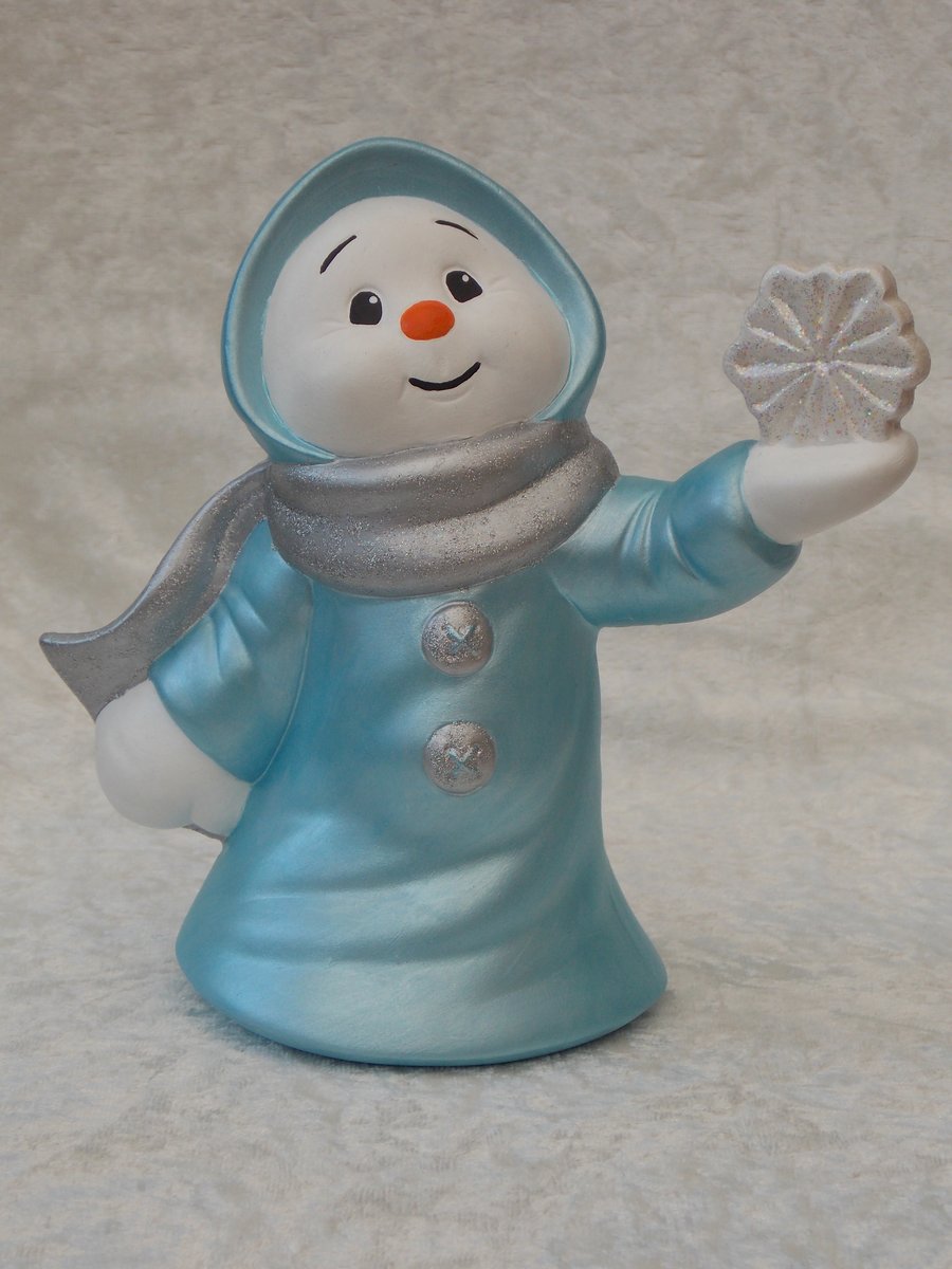 Hand Painted Ceramic Blue Silver Snow Lady Christmas Figurine Ornament.
