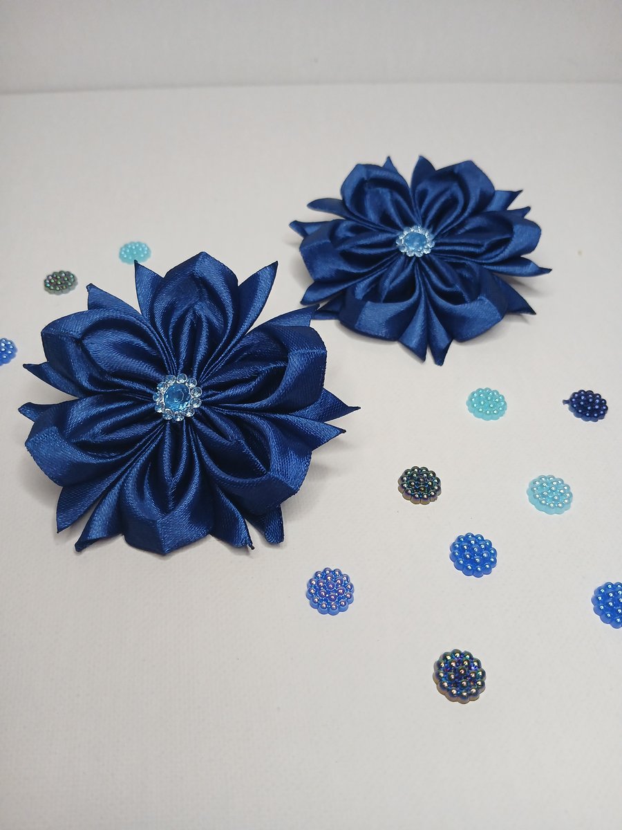 Dark Blue Ribbon Roses with Rhinestones, Cute Toddler Pigtail Elastics, Birthday