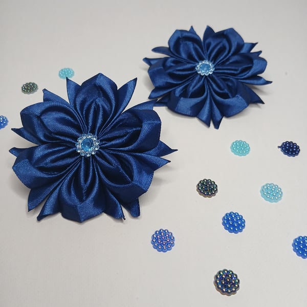 Dark Blue Ribbon Roses with Rhinestones, Cute Toddler Pigtail Elastics, Birthday