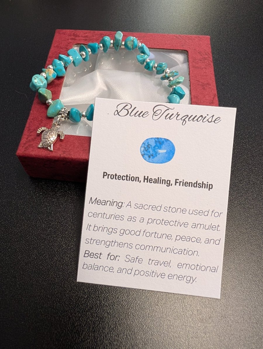 Blue Turquoise Gemstone Bracelet with charm and meaning card