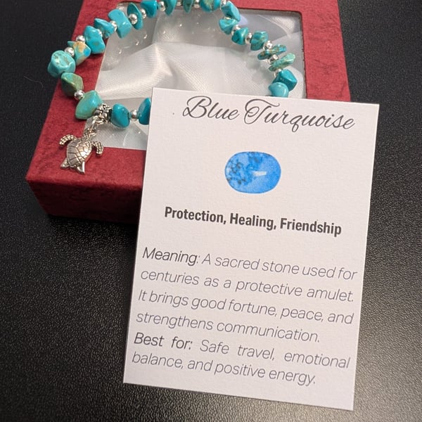 Blue Turquoise Gemstone Bracelet with charm and meaning card