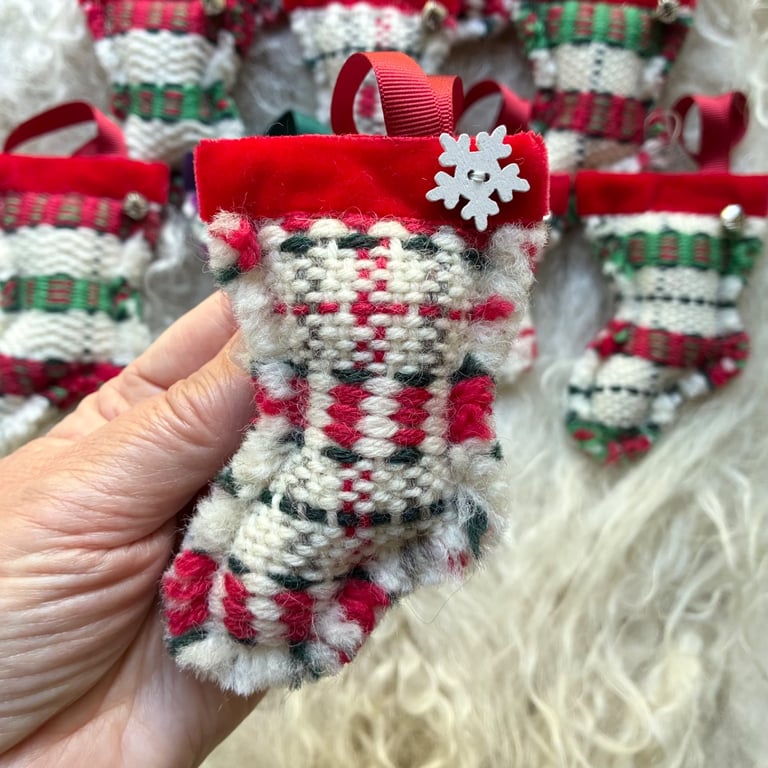 Christmas Stocking decoration - Red & Pine Green. Handwoven in Wales