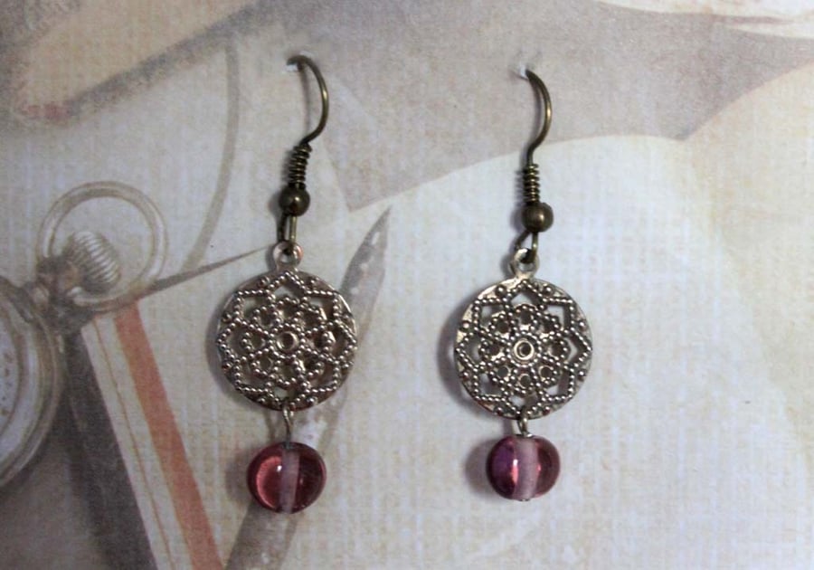 Metal Filigree Purple Bead Dangle Hook Gold Earrings