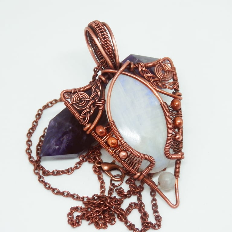 Celtic Style Copper Necklace With Rainbow Moonstone