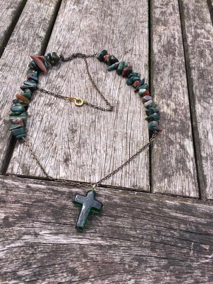 Green glass cross and cut stone antique gold necklace