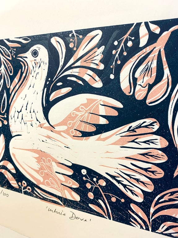White Dove hand printed linocut print