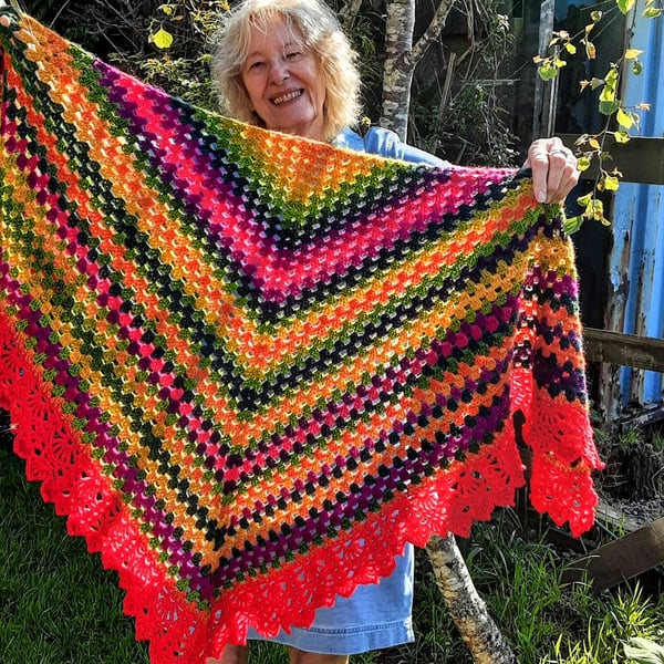 Large, crochet, triangular shawl or wrap. Generous size. Free UK postage.
